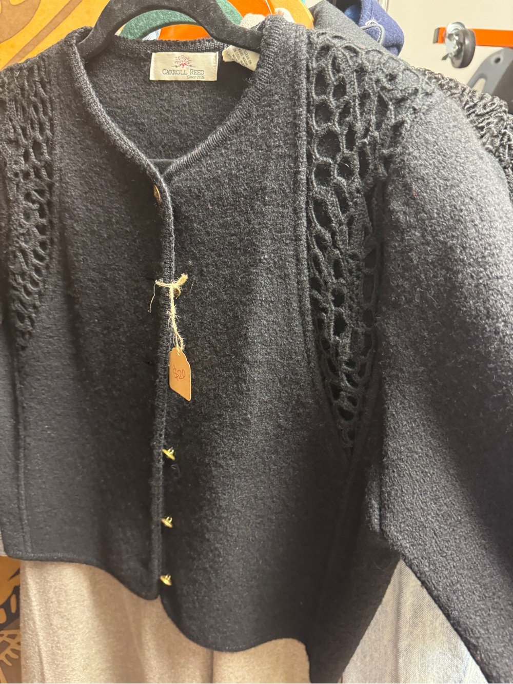 Vintage Carol Reed  Black Open-Knit Shoulder Wool Cardigan